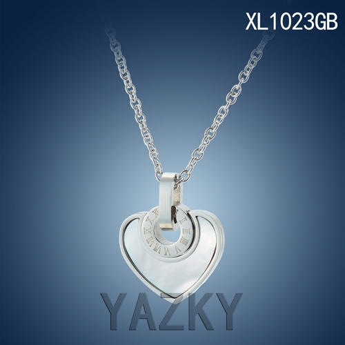Heart shape with seashell and Roman numerals circle silver color necklace