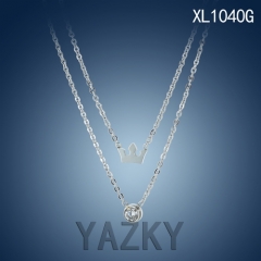 Crown style with white zircon silver color bouble chains necklace