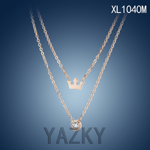 2016 new Rose gold plated crown and zircon double chains necklace