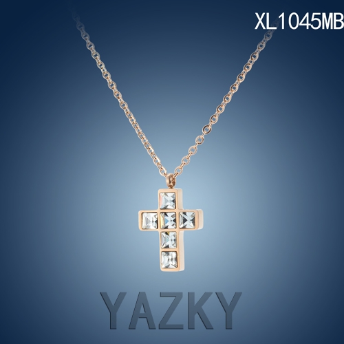 Rose gold plated cross pendant full of white zircon necklace