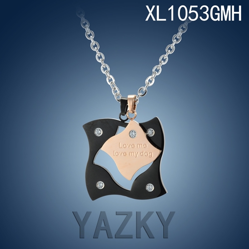 Silver rose gold and black plated square style with "Love me me love my dog" and white zircons necklace