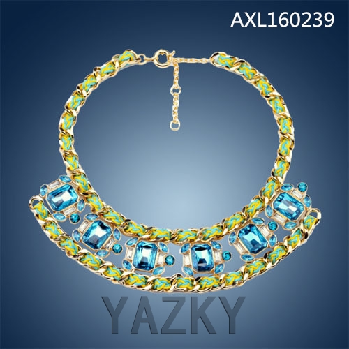 Fashion braided rope necklace with square blue crystals pendants