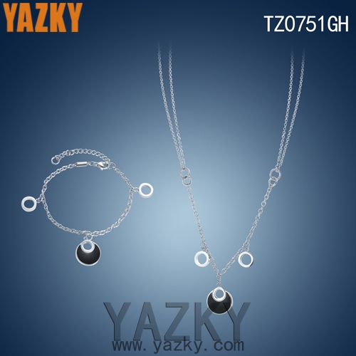 Stainless steel silver color necklace and bracelet set with black enamel