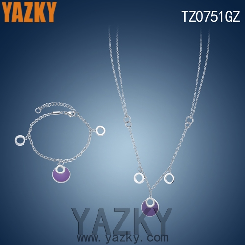 Stainless steel silver color necklace and bracelet set with purple enamel