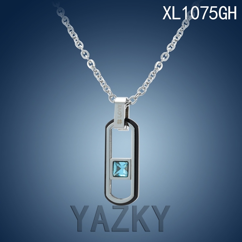 Silver and black plated stainless steel oval style with "Love" and blue zircon necklace
