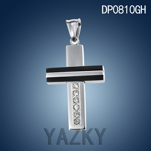 Stainless steel cross pendant silver and black plated with white zircons