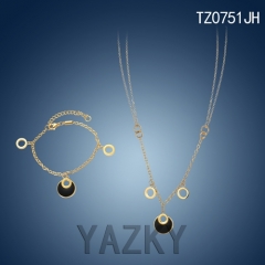 Stainless steel gold plated necklace and bracelet set with black enamel