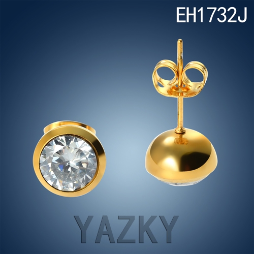 Circle style stainless steel gold plated stud earring with white zircon 9*6mm