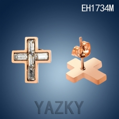 Cross style stainless steel rose gold plated with acrylic stones earring