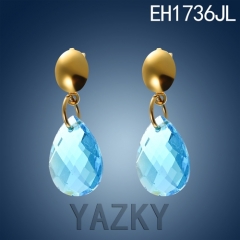 Water drop design blue zircon dangling stainless steel round stud earring