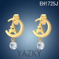 Tower in circle design stainless steel gold plated earring with white zircon