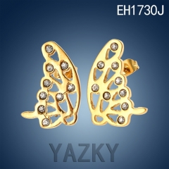 Butterfly style stainless steel gold plated earring with white zircons