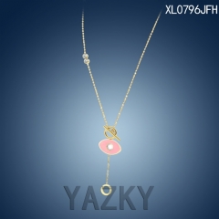 Evil eye and teardrop style stainless steel gold plated with pink enamel and white zircon necklace