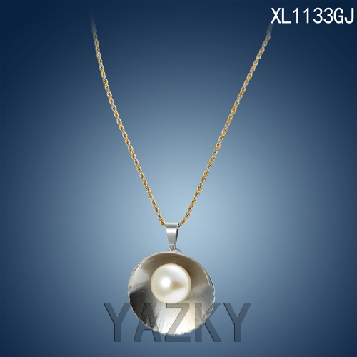 Seashell design with pearl and two tone plated chain stainless steel necklace