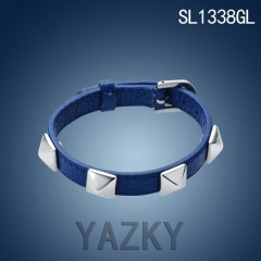 Blue leather bangle with stainless steel square nuts bracelet