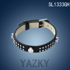 Leather bangle with stainless steel silver color rivet bracelet
