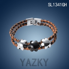 Double braided leather with stainless steel flower beads bracelet