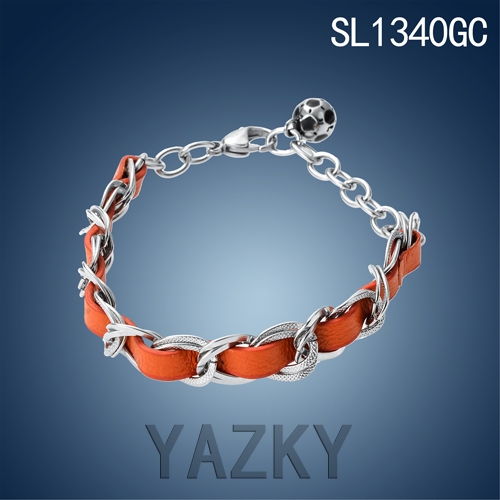 New ball chain leather and stainless steel bangle with football pendant bracelet