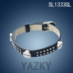 Leather bangle with stainless steel silver color rivet bracelet