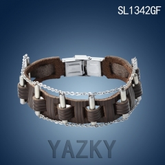 Biker bike chain leather and stainless steel bangle bracelet