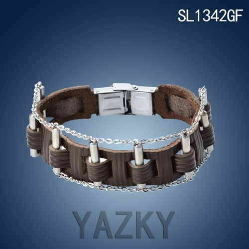 Biker bike chain leather and stainless steel bangle bracelet