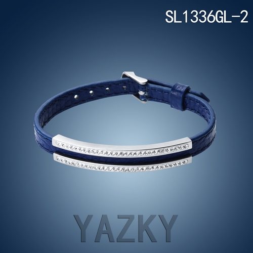 Blue leather bangle with stainless steel and white zircons accessary bracelet