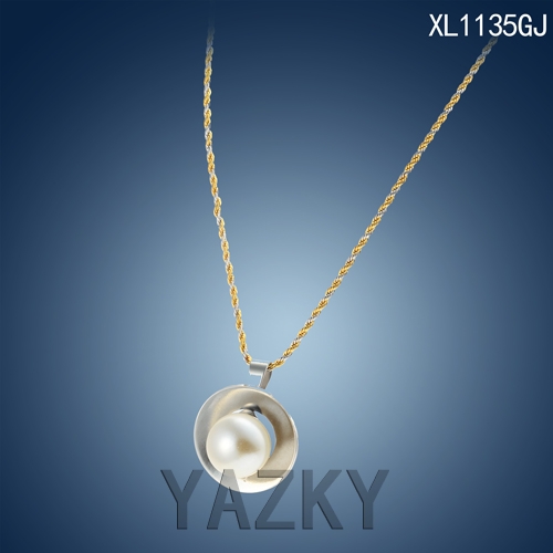 Circle seashell design with pearl and two tone plated stainless steel necklace