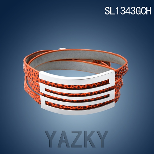 Orange leopard print leather bangle with stainless steel accessary bracelet