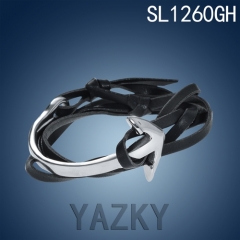Stainless steel silver color arrow leather bracelet