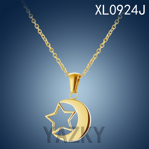 Star and moon gold plated stainless steel necklace