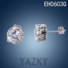 Crown shape big zircon ear stud in 316L stainless steel