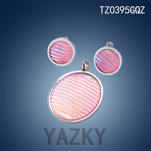 Stainless steel jewelry set circle shape pink bright crystal stone earrings and pendant