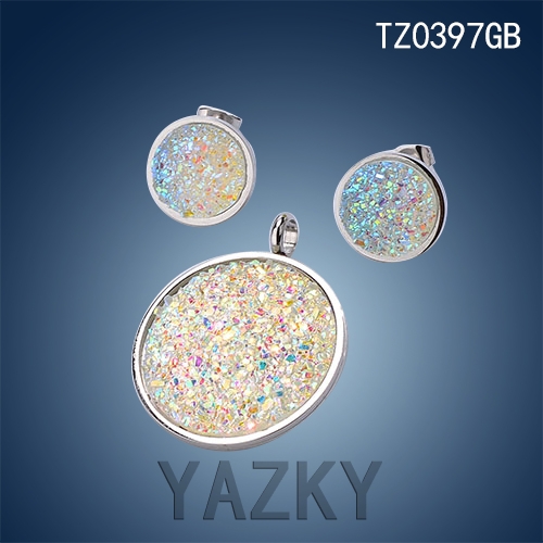 Stainless steel jewelry set circle bright crystal stone earrings and pendant