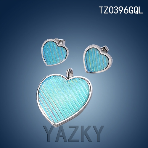 Stainless steel jewelry set heart shape ocean blue crystal stone earrings and pendant