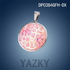 Stainless steel pendant with big pink shiny crystal and stone