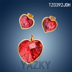 Stainless steel jewelry set with heart shape red stone crystal pendant and eraaings