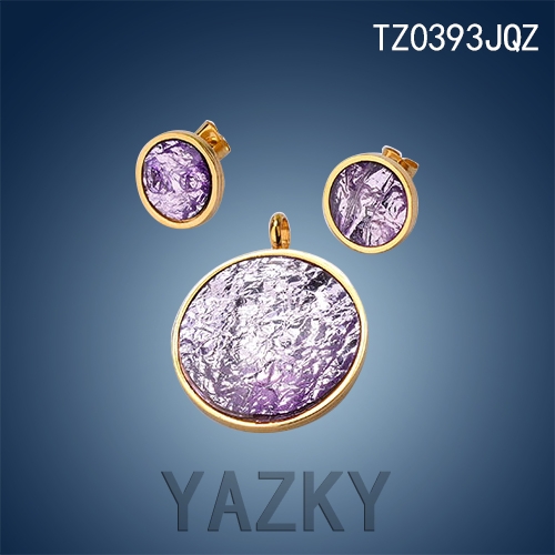 Stainless steel jewelry set with circle purple crystal stone eraaings and pendant