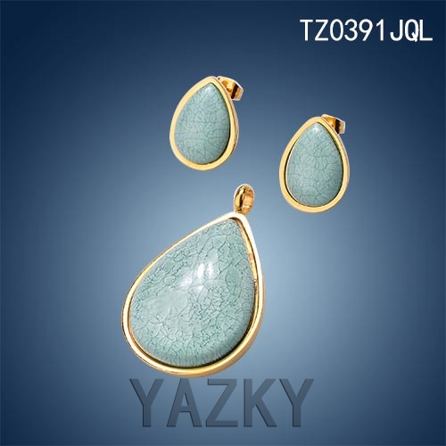 Stainless steel jewelry set light blue crystal and stone earrings and pendant