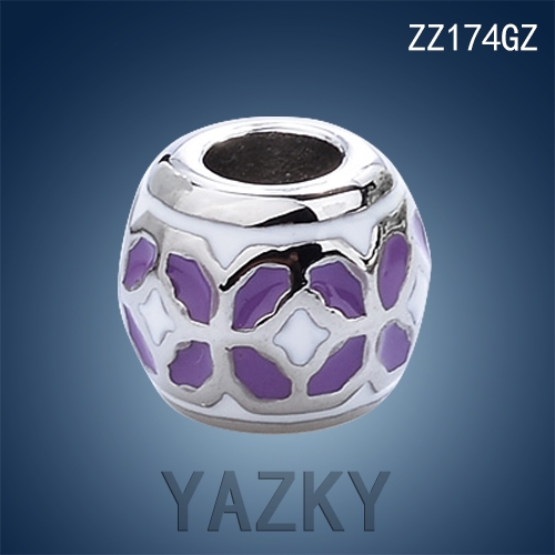 Stainless steel round charm with purple enamel pattern