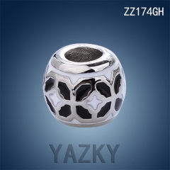 Stainless steel round charm with black enamel pattern