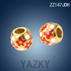 Stainless steel gold plated charm with red and white flower enamel pattern