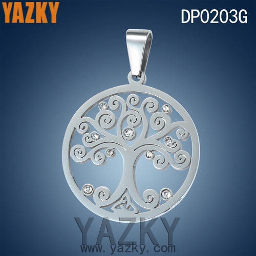 Steel color stainless steel life of tree pendant with shiny zircon