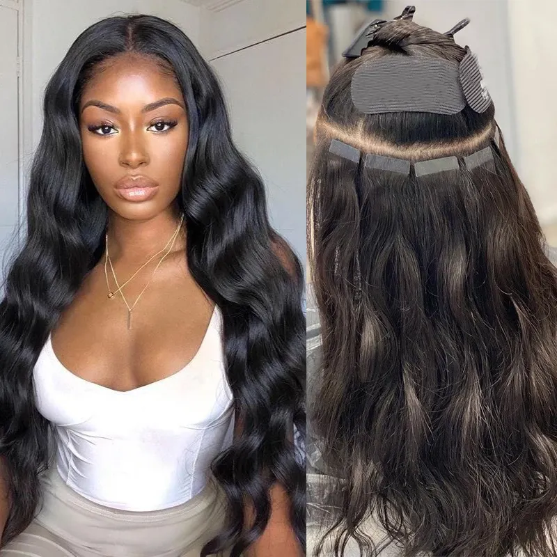 Top Virgin Human Hair Body Wave Seamless Glue in Hair pieces with Invisible Double Sided Tape Natural Black Non-Remy Tape in Hair Extensions