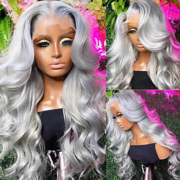 Silver Gray Lace Front Wigs Body Wave Straight Grey Color Wigs 180% Density Transparent Human Hair Wigs With Natural Hairline