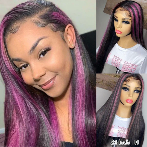 1B/Purple Highlight Lace Front Wigs Body Wave Straight Piano 1B/Purple Color Wigs 180% Density Transparent Human Hair Wigs With Natural Hairline