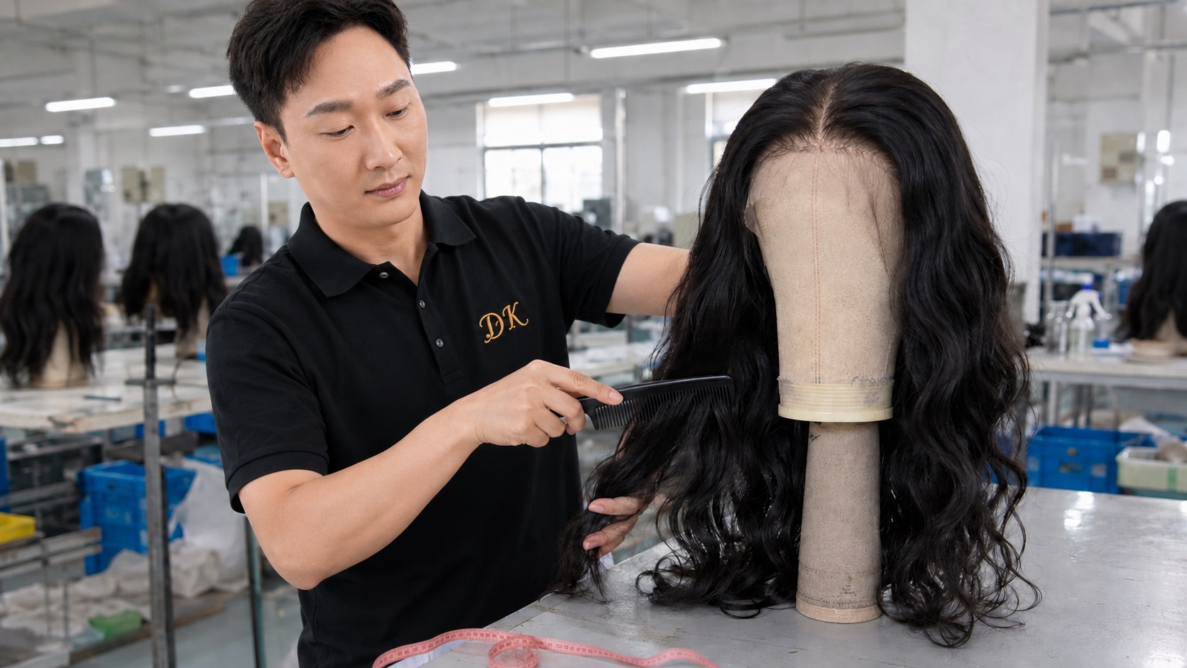 DK HAIR quality inspector checking a finished human hair lace wig before shipment