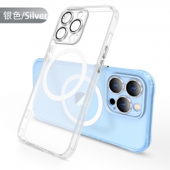 Clear Matte PC Magnetic Back Cover Wireless Charging Phone Case for iPhone 13 /iPhone 14 With Metal Camera Lens Protector