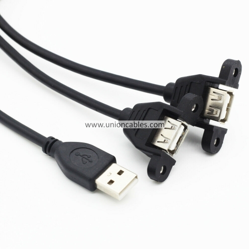 USB Y Splitter Cable 2.0 A 1 Male to 2 Female Panel Mount Cord Screw Lock