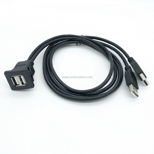 Dual USB 2.0 Cable Male to Female Car Dashboard Flush Mount Extension Cable 1M