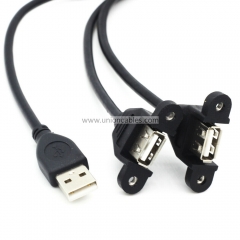 USB Y Splitter Cable 2.0 A 1 Male to 2 Female Panel Mount Cord Screw Lock
